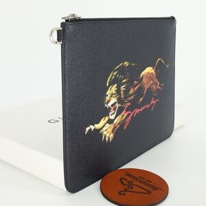 Givenchy Black Leather Lion Graphic Zip Pouch Clutch Bag Made in Italy Men